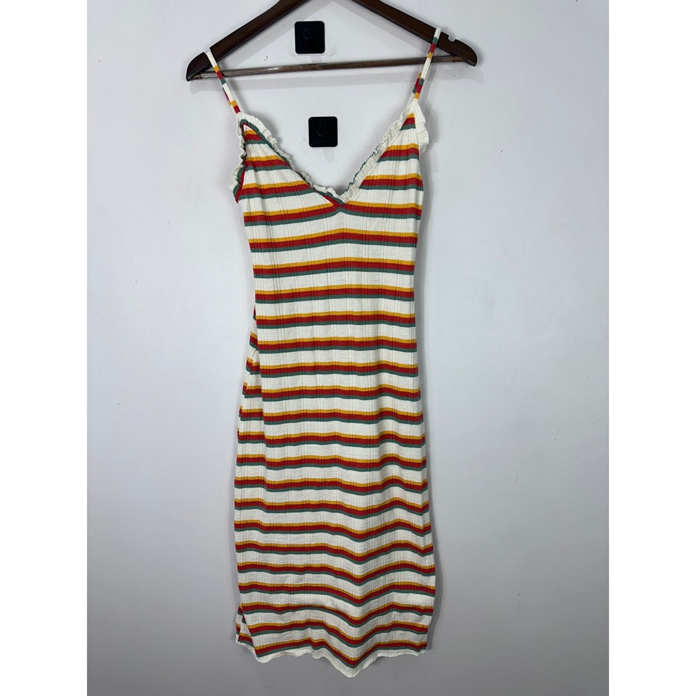 Zara Dress Small White Multicolor Striped Ribbed Ruffle V-Neck Midi Bodycon